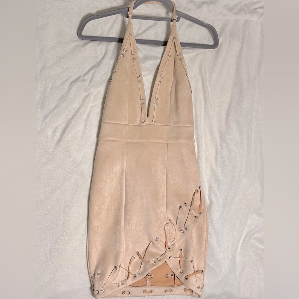 NWOT Honeybum suede halter neck minidress - Beige